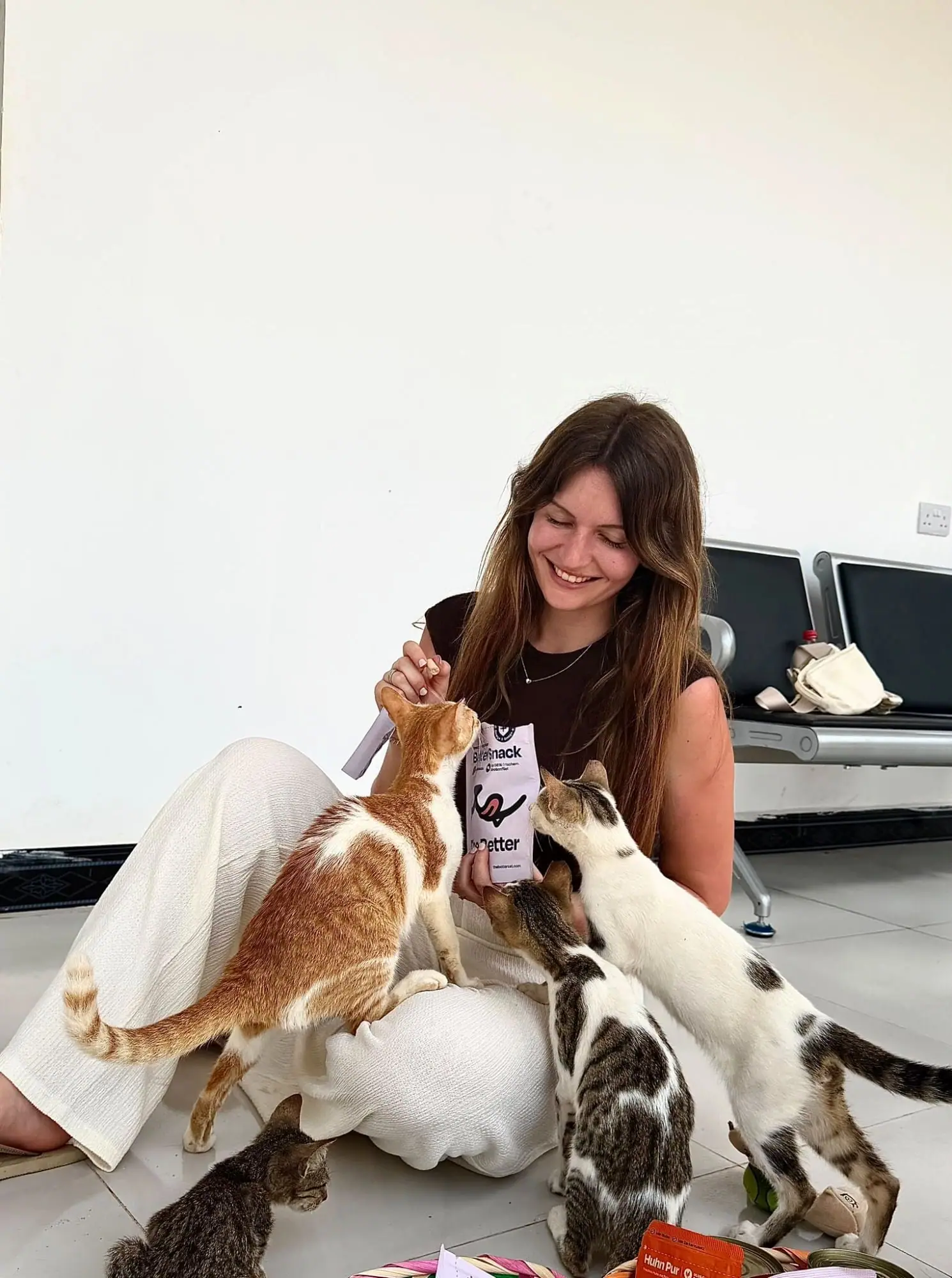 Sina füttert die Katzen in der Klinik